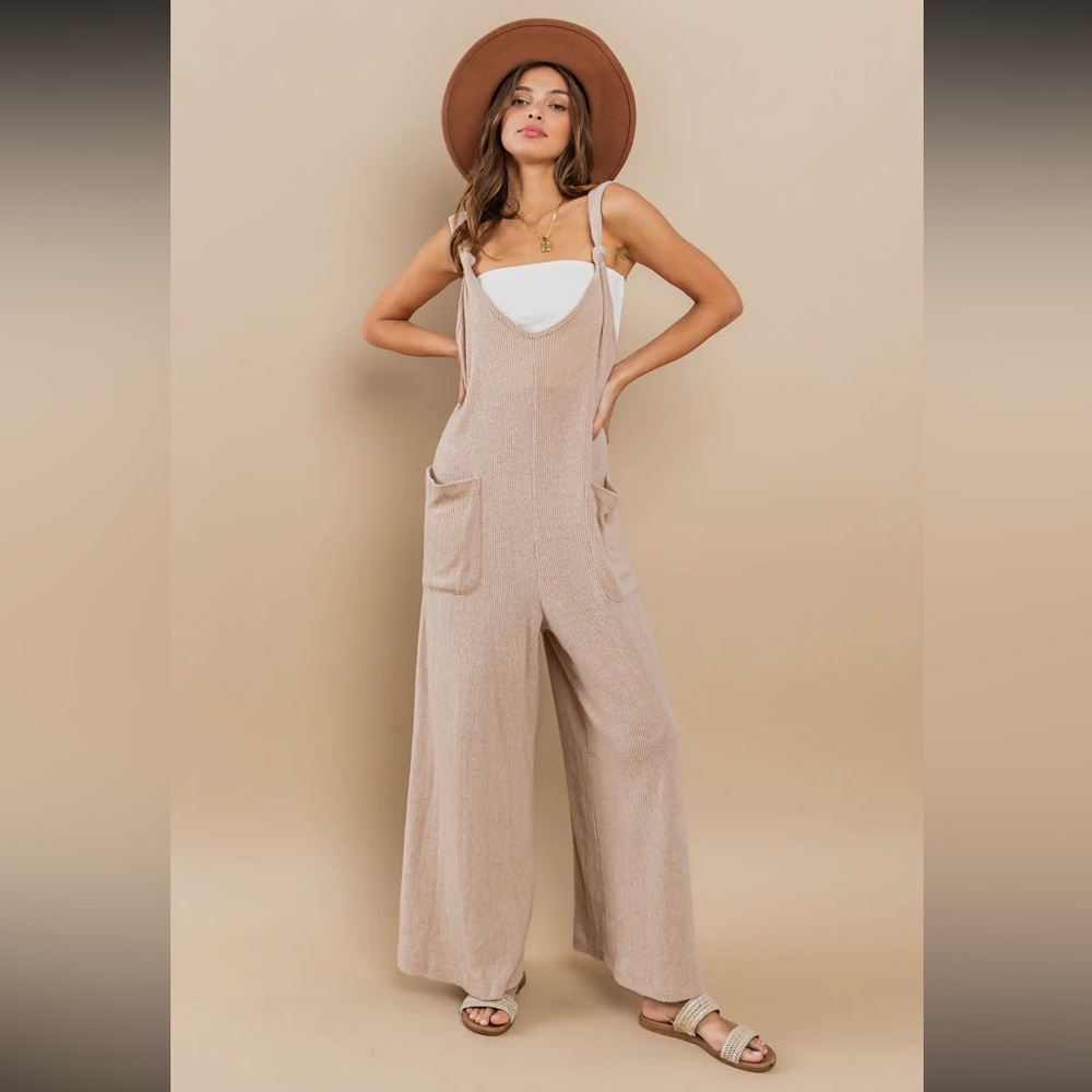 Brushed Ribbed Knit Knot Strap Wide Leg Jumpsuit